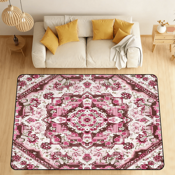 CURLYOOT Vintage Geometric Area Rugs for Living Room Bedroom, 4' 10" x 6' 8" Washable Rug, Pink Floor Carpet with Non Slip Backing for Dining Room Indoor