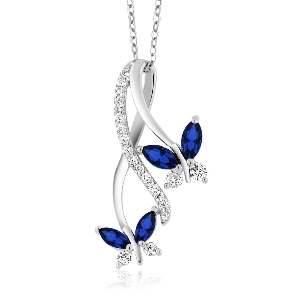Gem Stone King 925 Sterling Silver Created Blue Sapphire Butterfly Infinity Pendant Necklace for Women (1.21 Ct Marquise, With 18 inch Silver Chain)