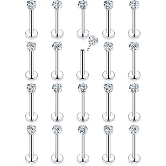 16G 18G 20G Threadless Push in Lip Rings Stainless Steel Flat Back Nose Rings Studs Tragus Helix Conch Cartilage Lobe Earrings Stud Piercing Jewelry for Women Men Diamond CZ Silver 18G-8MM-2MM CZ