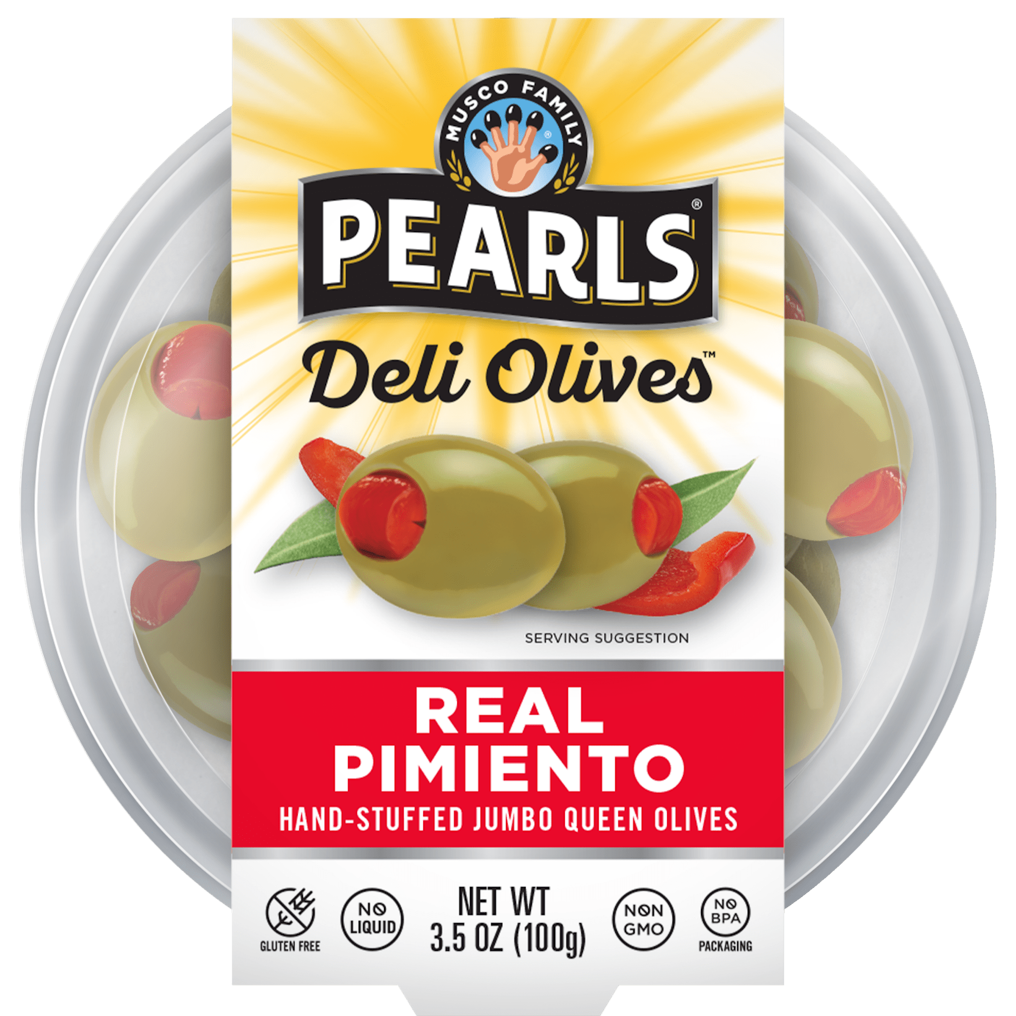 (2 pack) Pearls Deli Olives Real Pimiento Hand Stuffed Jumbo Olives 3.5 oz Tub. Allergens Not Contained.