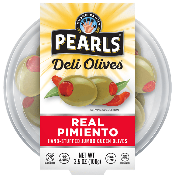 Pearls Deli Olives Real Pimiento Hand Stuffed Jumbo Olives 3.5 oz Tub. Allergens Not Contained.