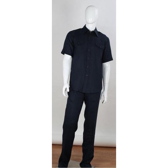 Men's Safari Style 2 Piece Short Sleeve Dark Navy Shirt With Cuffed Pants Double Chest Pockets Linen Casual Two Piece Walking Outfit For Sale Pant Sets Suit