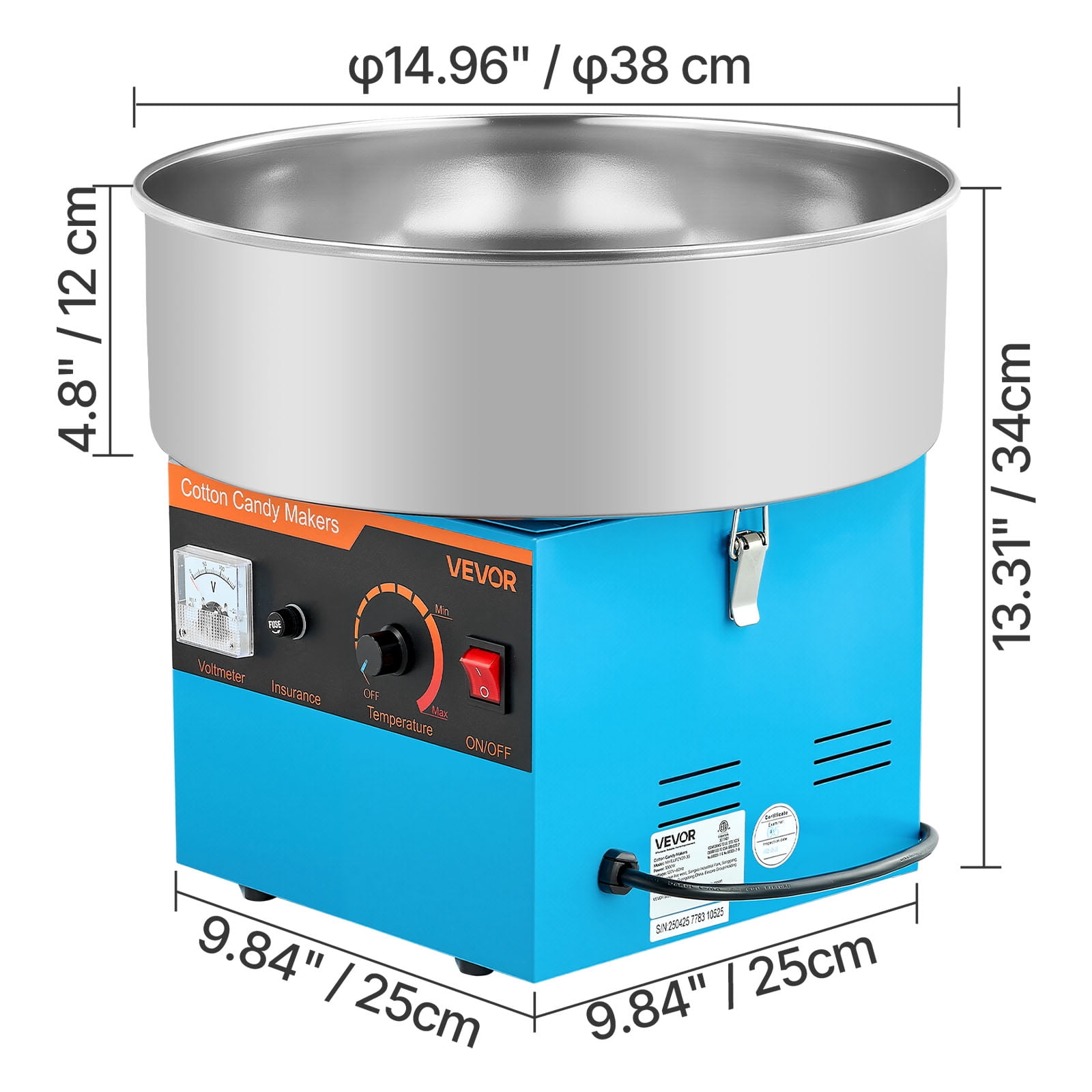 VEVOR Cotton Candy Machine Commercial, 1000W Electric Candy Floss Maker, Easy Use with 15 inch Stainless Steel Bowl and Sugar Scoop, Makes Hard Candy for Home Kids Birthday, Family Party, Blue