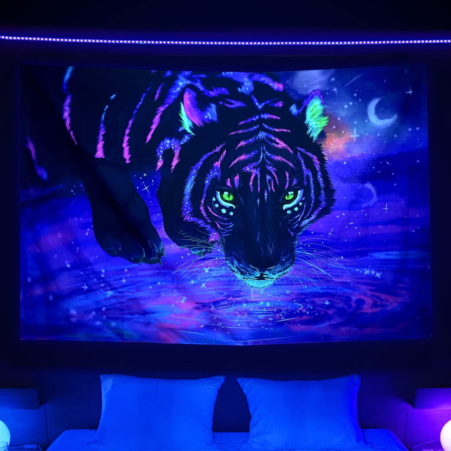 Blacklight Tiger Tapestry UV Reactive, Purple Galaxy Starry Fantasy