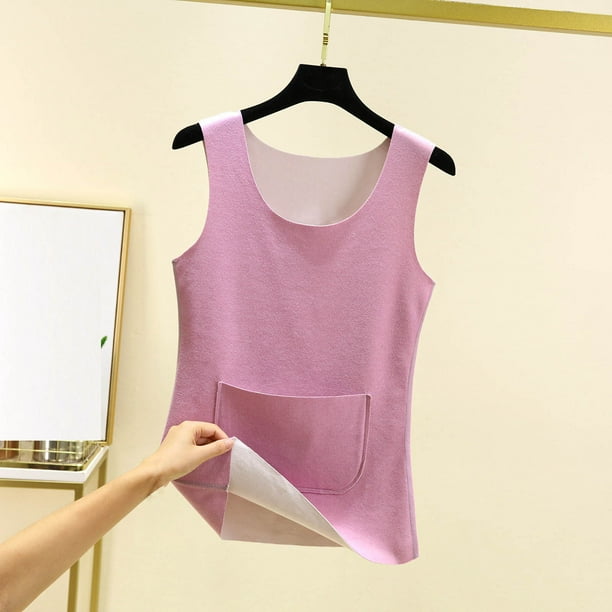 Ropa interior térmica para mujer, blusa de poliéster de color liso de terciopelo de doble cara, cálida, sin costuras, cuello redondo, talla grande