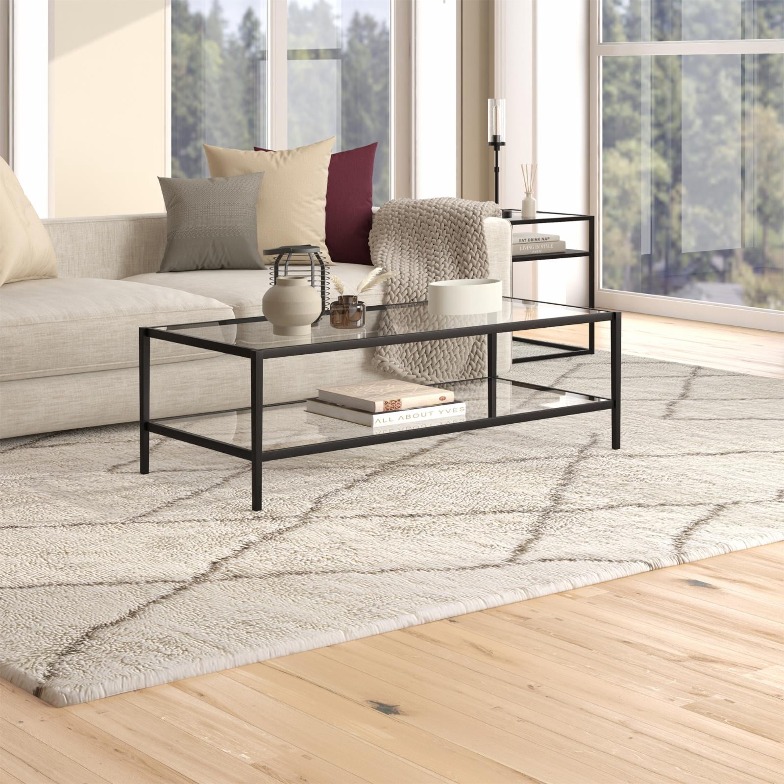 Evelyn&Zoe Hera 54" Wide Rectangular Coffee Table with Glass Shelf, Blackened Bronze