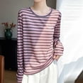 thumbnail image 4 of VEKDONE Womens Striped Crew Neck T-Shirt Long Sleeve Loose Fit Lightweigh Blouses Casual Stretchy Comfy Thin Loungewear Pink L, 4 of 5