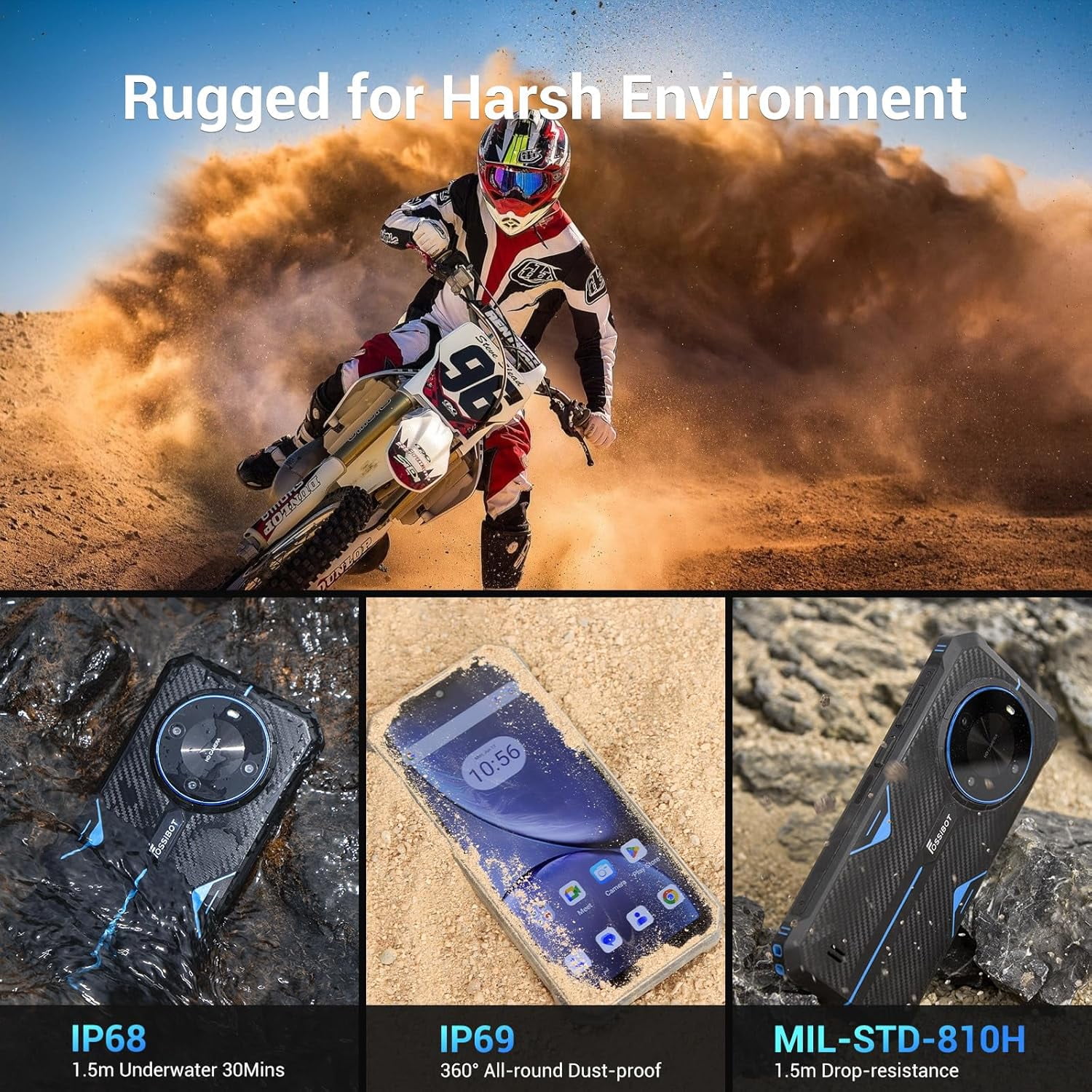 FOSSiBOT Rugged Phone Unlocked F105 12+64GB/128GB Storage, 6.75" Android 14, 8MP+20MP Camera,10300mAh IP68/IP69K Waterproof Cell Phone 4G Dual SIM OTG