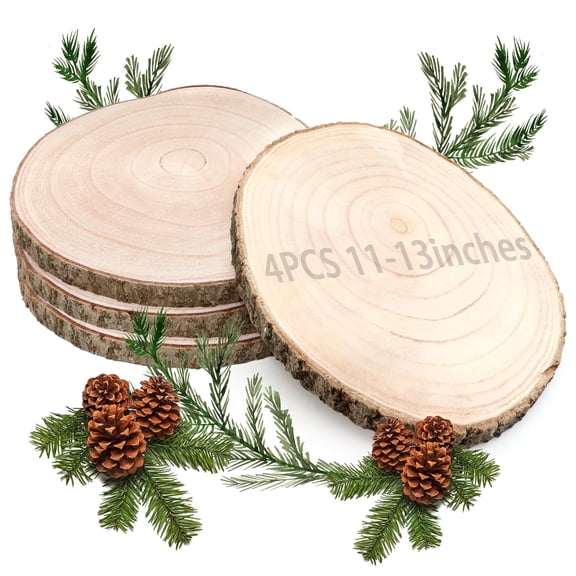 ZYNERY 4 Pcs Large Wood Slices 11-13 Inches Unfinished Wood Rounds, Natural Paulownia Wood Slices for Centerpieces, Wood Pieces Decoration with Bark, Wood Circles for Centerpieces for Painting