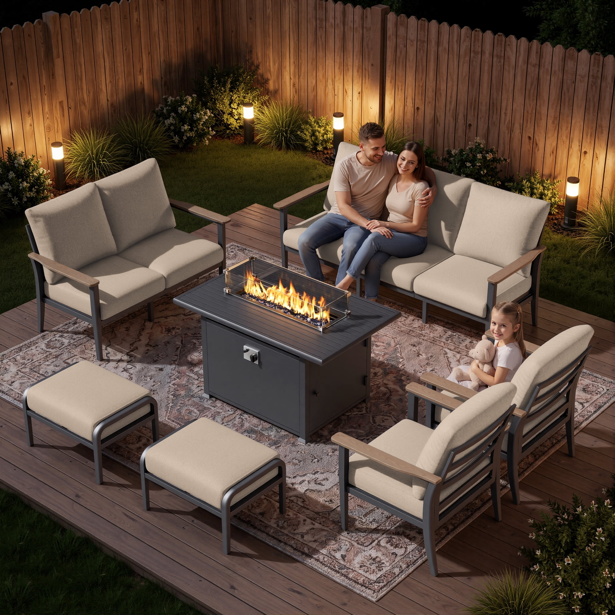 Muphyers 7 Piece Aluminum Outdoor Patio Furniture Set, 55000 BTU Propane Fire Pit Table, Sectional Sofa, 5.1“ Thick Cushions, Ottomans for Backyard, Deck, Garden,Khaki