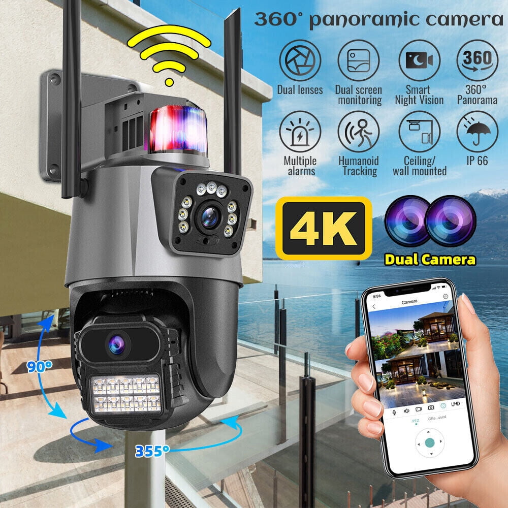 Outdoor Security Camera 4K 8MP HD Dual-Lens Wifi PTZ Surveillance Camera,Auto Tracking,Surveillance Police Light Alarm,Color Night Vision