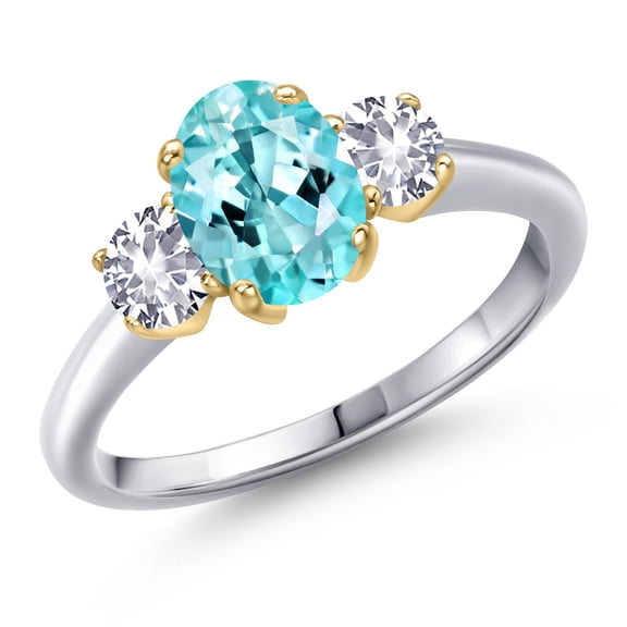 Gem Stone King 925 Silver and 10K Yellow Gold Blue Apatite and White Created Sapphire Engagement Ring for Women | 1.70 Cttw | Oval 8X6MM | Gemstone Birthstone | Size 8