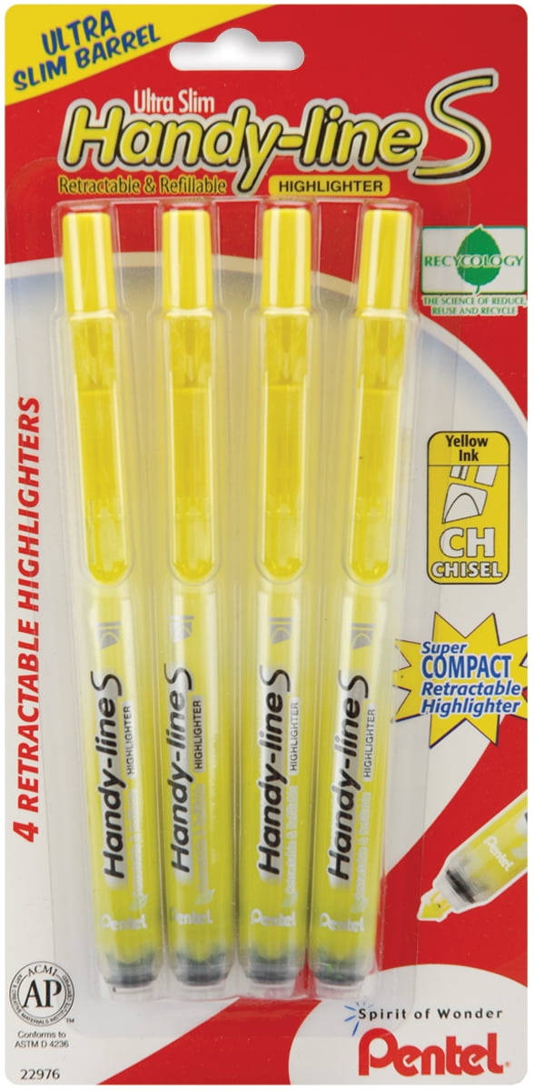 pentel handyline s retractable highlighter, chisel tip, yellow ink, 4