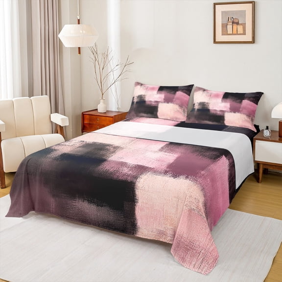 Homewish Vintage Artwork Adult Queen Sheet Sets, Black Pink Square Abstract Flat Sheet, Fashion Oil Printing Queen Fitted Sheet, Microfiber Bedroom Decor, 4-Piece