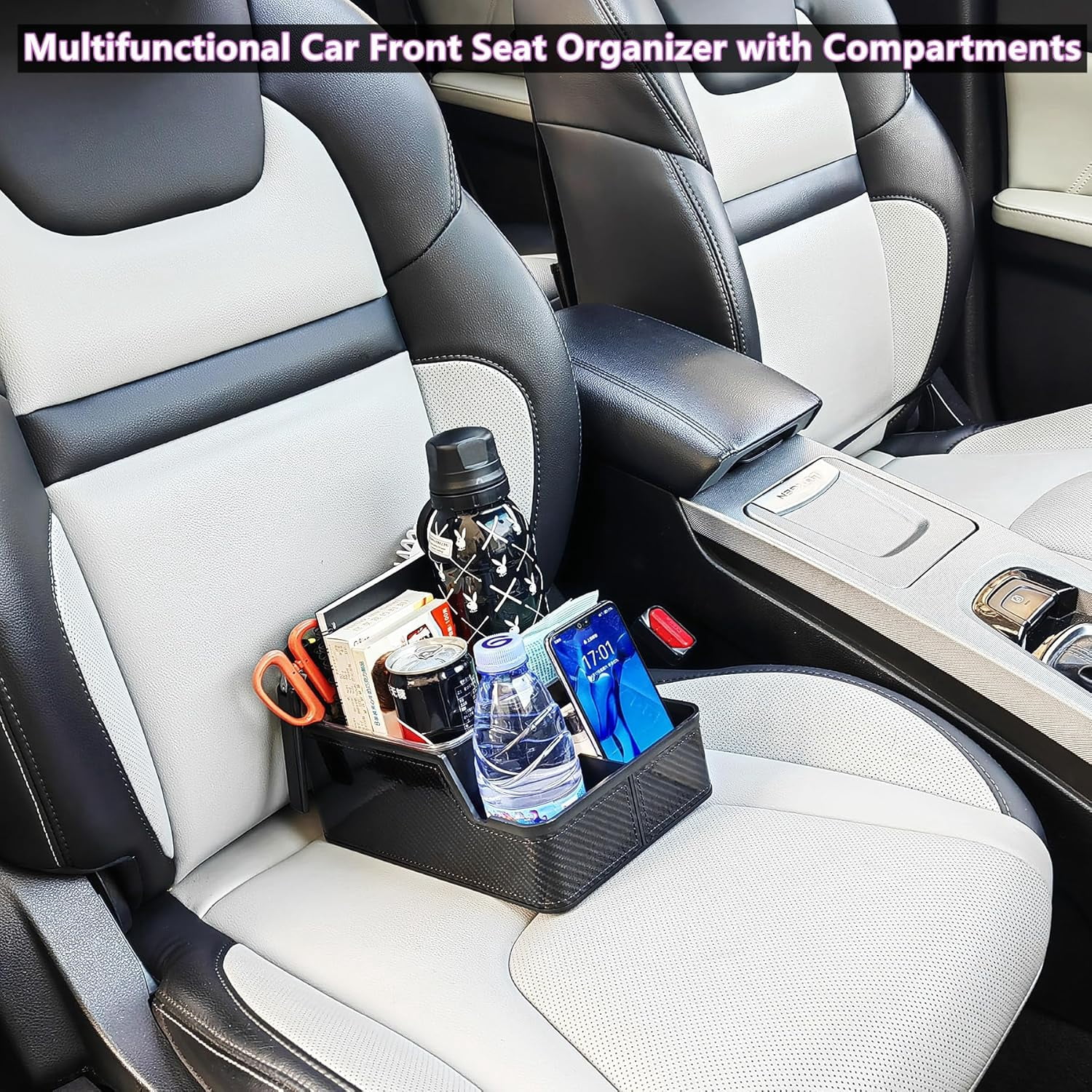 Car Front Seat Organizer with Compartment,Center Console Organizer,Car Armrest Storage Box,Back Cup Holder Tray,Between Small Caddy Phone for Truck,SUV,Van (Black)