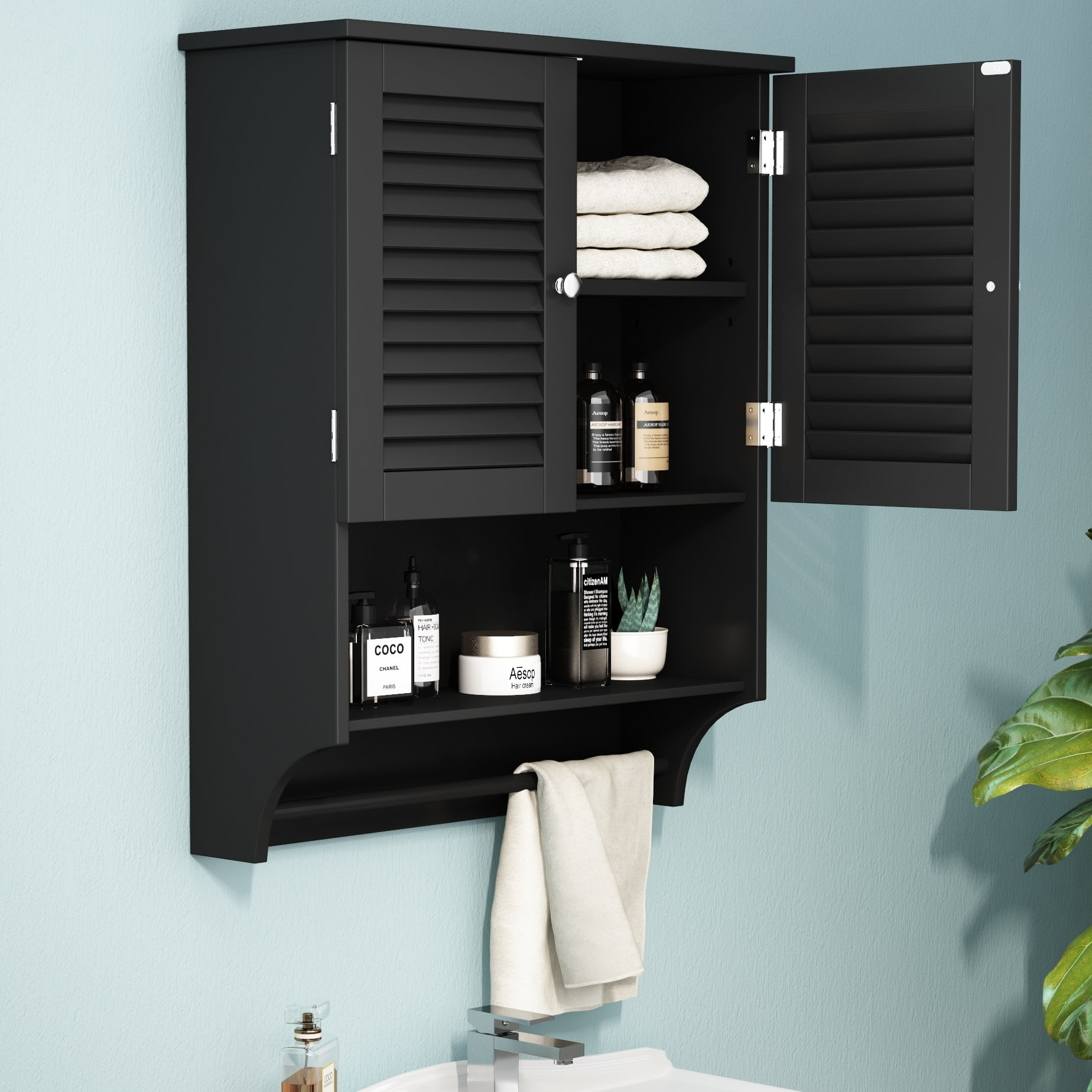 Treocho Bathroom Wall Cabinet, Medicine Cabinet with Door and Open Shelf,  Wall Mounted Storage Organizer for