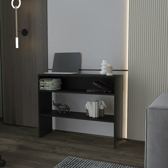 Black Console Table With Open Shelves For An Eye-catching Living Space Easy Access Enhancement