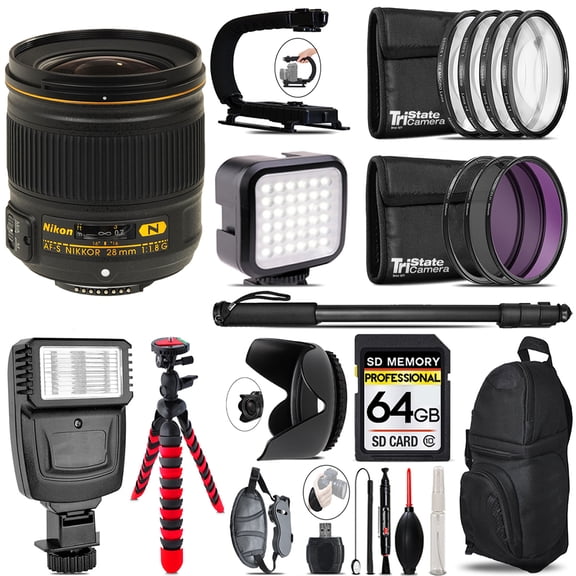 NIKON AF-S 28/1.8G LENS- Video Kit   Flash - 64GB Accessory Bundle (International Version)