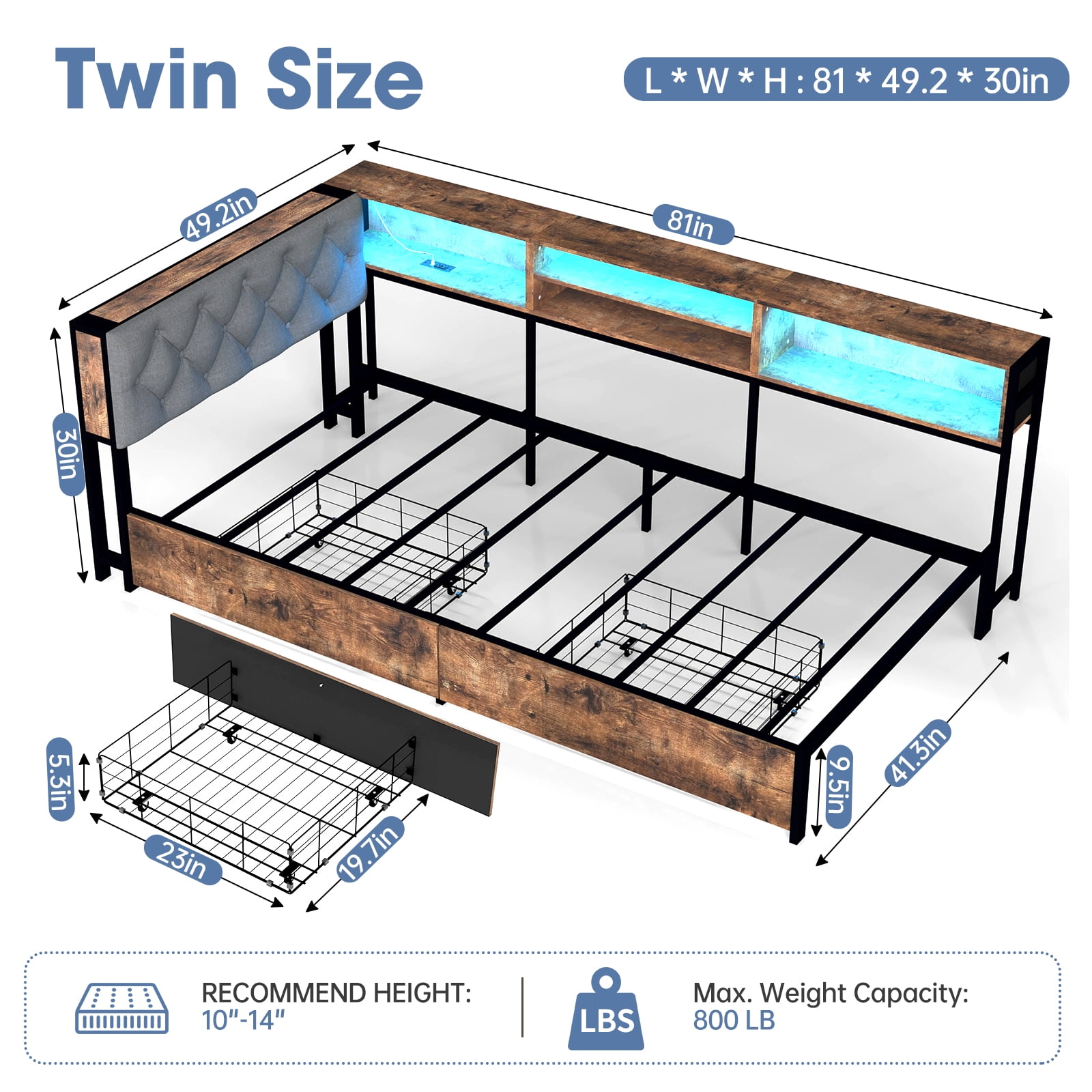 Leumius Twin Size Corner Daybed Frame, Upholstered Headboard with Bookcase Storage, 2 Drawers LED Lights & Charging Station, Noise‑Free Metal Bed Frame Brown