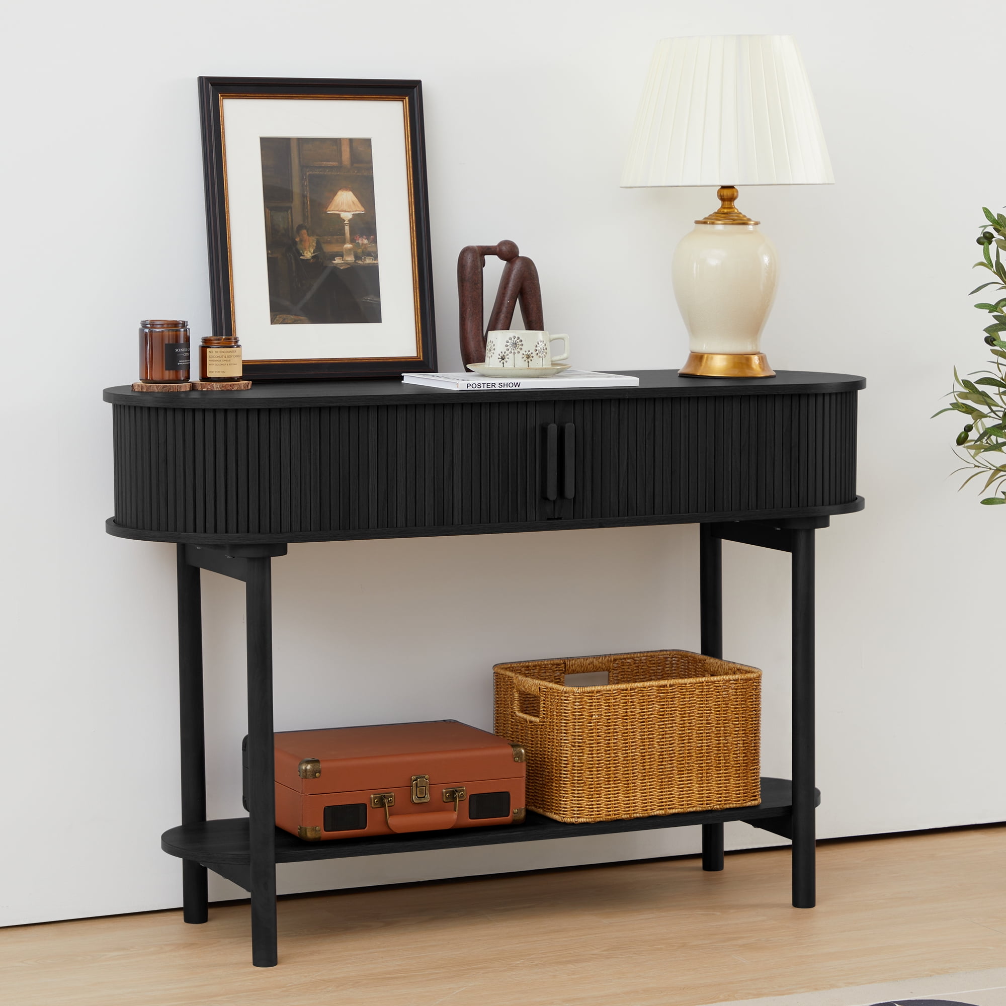 Wirrytor Black Console Table with Storage, Wood 2-Tier Modern Sofa Table for Living Room, Narrow Sofa Table with Sliding Door and Open Storage Shelf, Hallway Table and Couch Table Behind Sofa