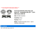 thumbnail image 2 of Front Semi Metallic Brake Pads and Rotor Kit - Compatible with 2011 - 2019 GMC Sierra 2500 HD 2012 2013 2014 2015 2016 2017 2018, 2 of 2