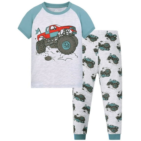 WIBACKER Cotton Toddler Truck Pajamas Boys Kids Soft Short Sleeve Tops Long Pants Summer 2-9Y Pjs Set 2pcs