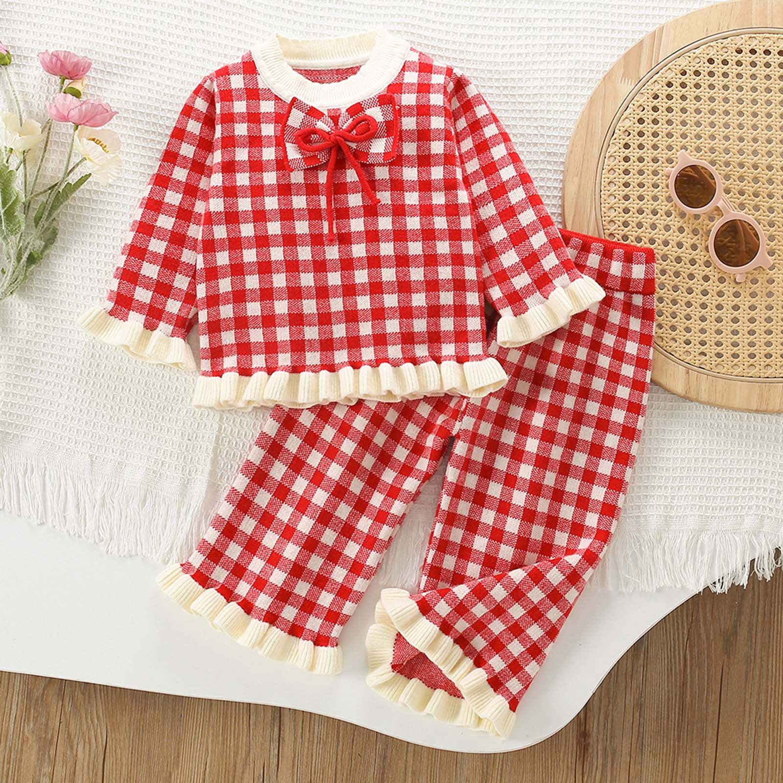 Kogui Girls Back To School Outfit Baby Girl Fall Winter Clothes Toddler Sweatsuit Outfit Floral Print Sweatshirt Long Sleeve Shirt Top Pants Clothing Size 1T 2T (Red,1-2 Years)