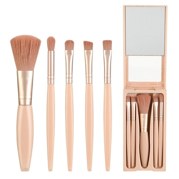 LQQBOX Mini Travel Makeup Brush Set - 5pcs Portable Cosmetic Brushes Kit with Mirror for On-the-Go Beauty