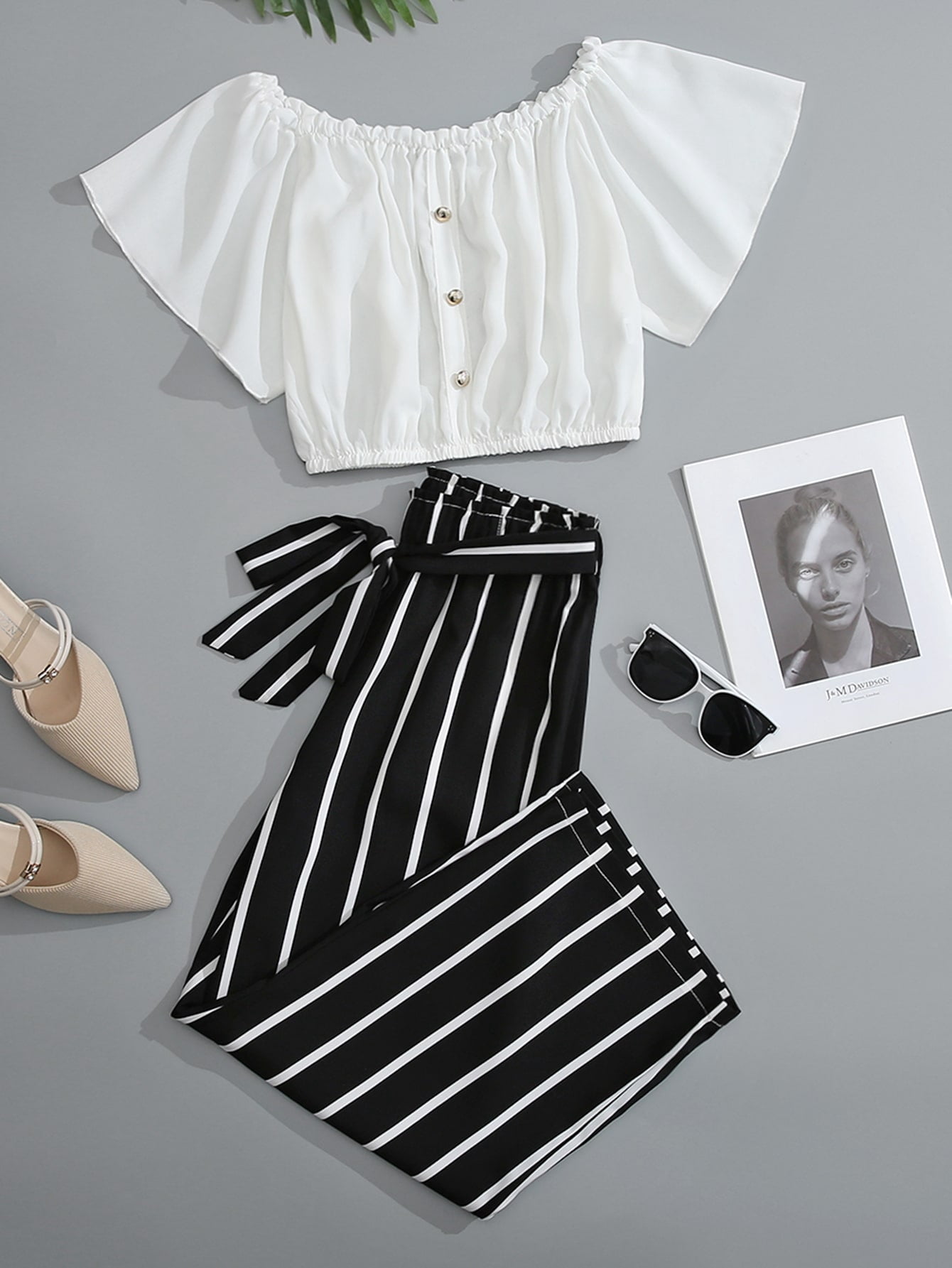 Striped Paperbag Waist Pants 