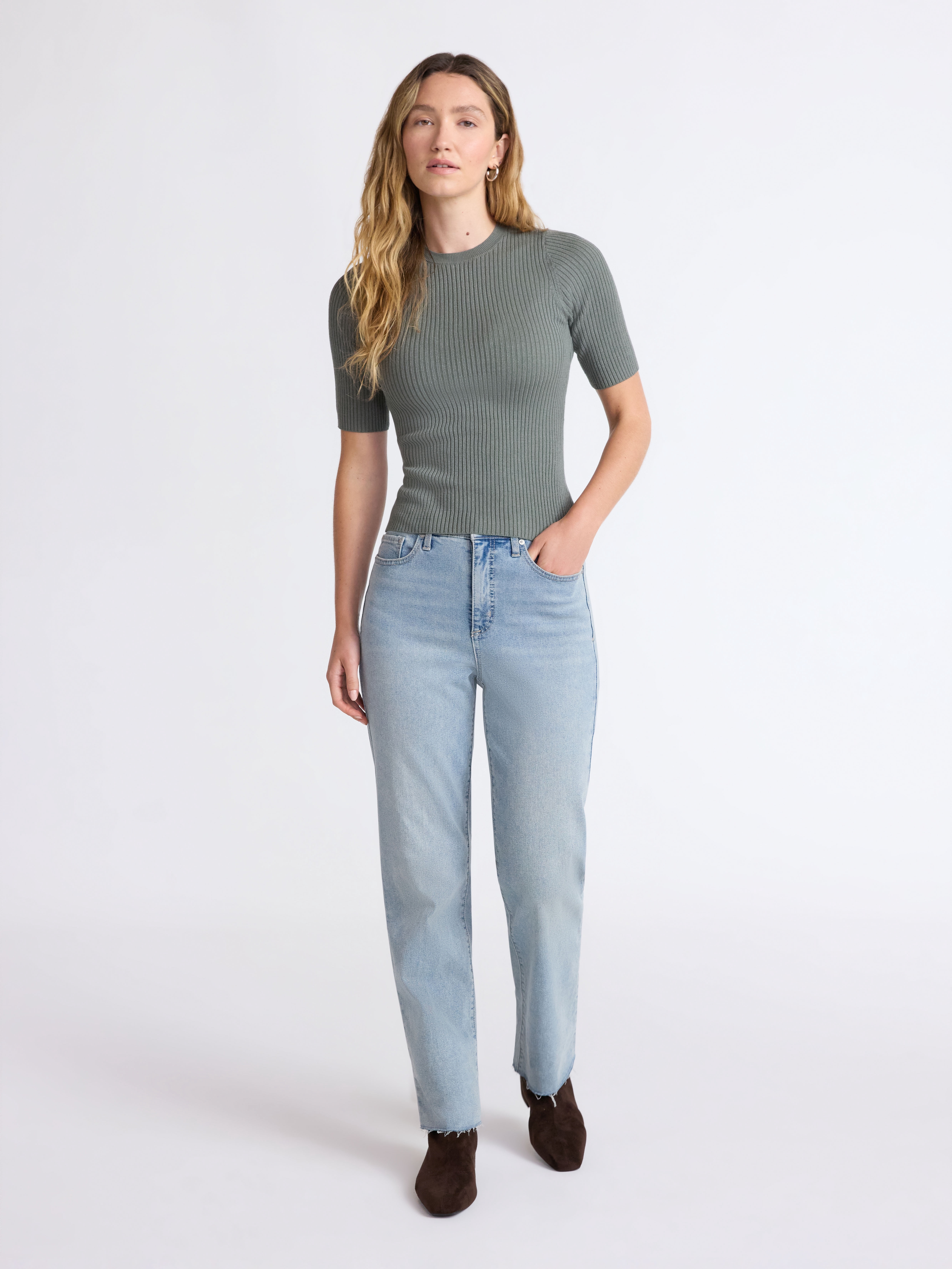 Scoop Women's and Women's Plus Rib Knit Sweater with Elbow Length Sleeves, Lightweight, Sizes XS-4X