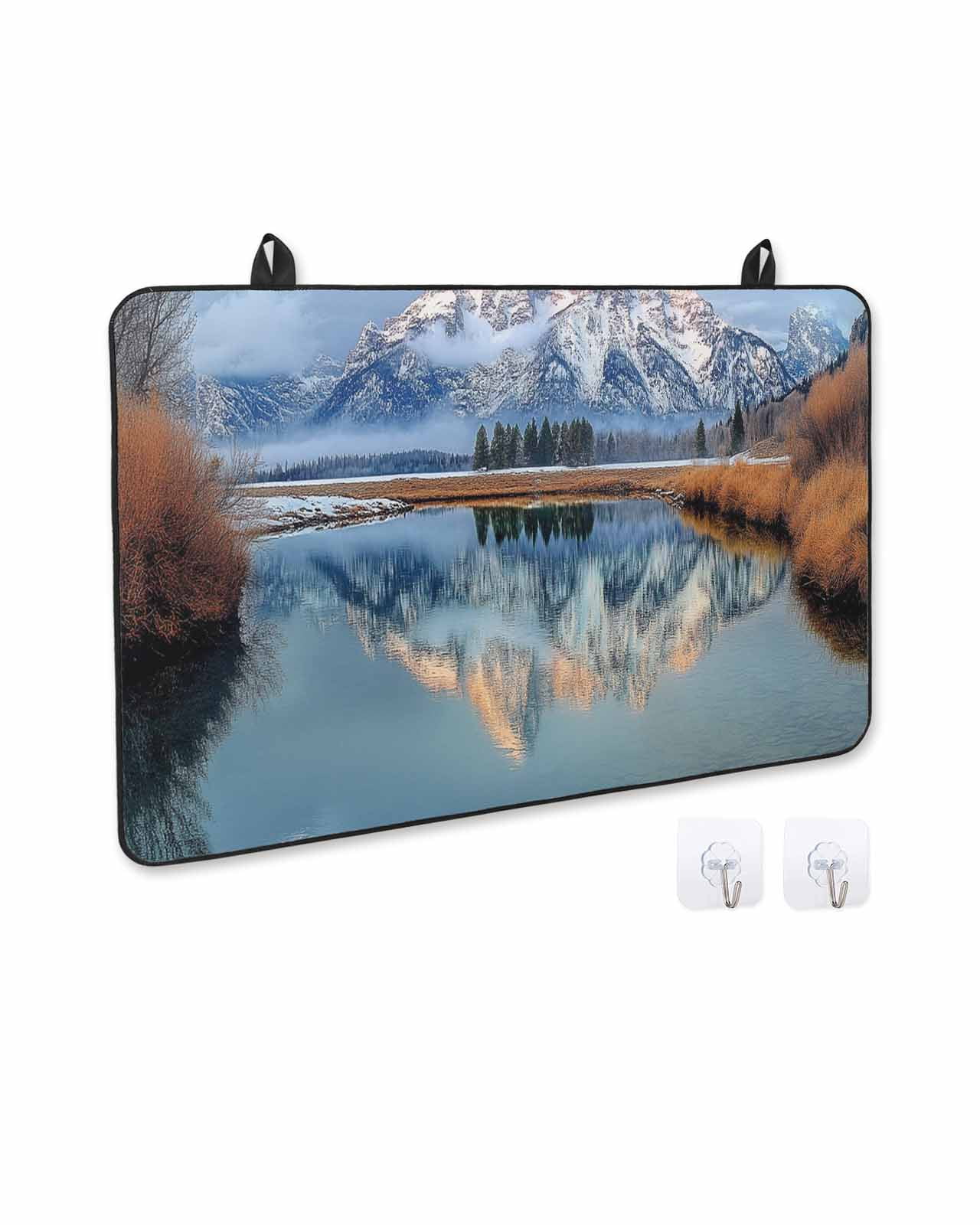 nqOlkjepod Large Induction Cooktop Protector Mat 36"x21", Grey Mountain Stove Top Covers for Electric Stove, Modern Art Forest Lake Decorative Stove Burner Cover Mats, Glass Top Stove Cover