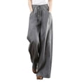 thumbnail image 1 of Pantalones palazzo de algodón y lino de cintura alta para mujer, con bolsillos, pantalones informales para estar por casa., 1 of 4