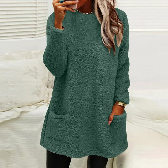 Women's Winter Warm Sherpa Lined Fleece Crewneck Sweatshirt with Pocket Solid Thermal Pullover Loungewear Tunic Tops