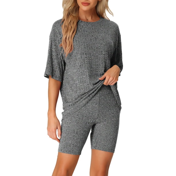 Conjunto de sudadera de manga corta de punto acanalado suave INSPIRE CHIC para mujer, pantalones cortos, ropa de casa, pijama XL negro gris
