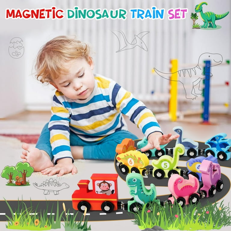 LOOIKOOS 11 Pcs Magnetic Wooden Dinosaur Train Set,Montessori Toy