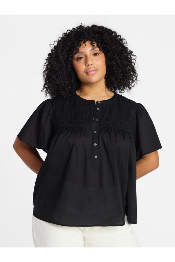 Womens Pleated Yoke Top with Short Flutter Sleeves, Sizes 0X-5X