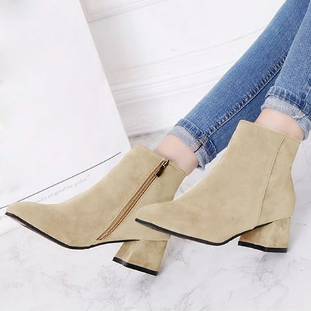 

wofedyo ankle boots for women Fashion Color Boots Block Suede Short Solid Heel Side Women s Zipper Boots women s boots black ankle boots for women