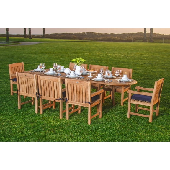 Teak Dining Set:8 Seater 9 Pc - 94" Double Extension Oval Table and 8 Arm / Captain Devon Chairs Outdoor Patio Grade-A Teak Wood WholesaleTeak #WMDSDV7