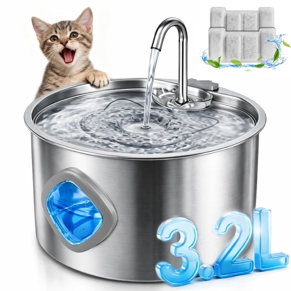 NIGHTEEN Water Fountain, 3.2L/108oz Automatic Pet Water Fountain Stainless Steel for Cats Dogs with Replacement Filters