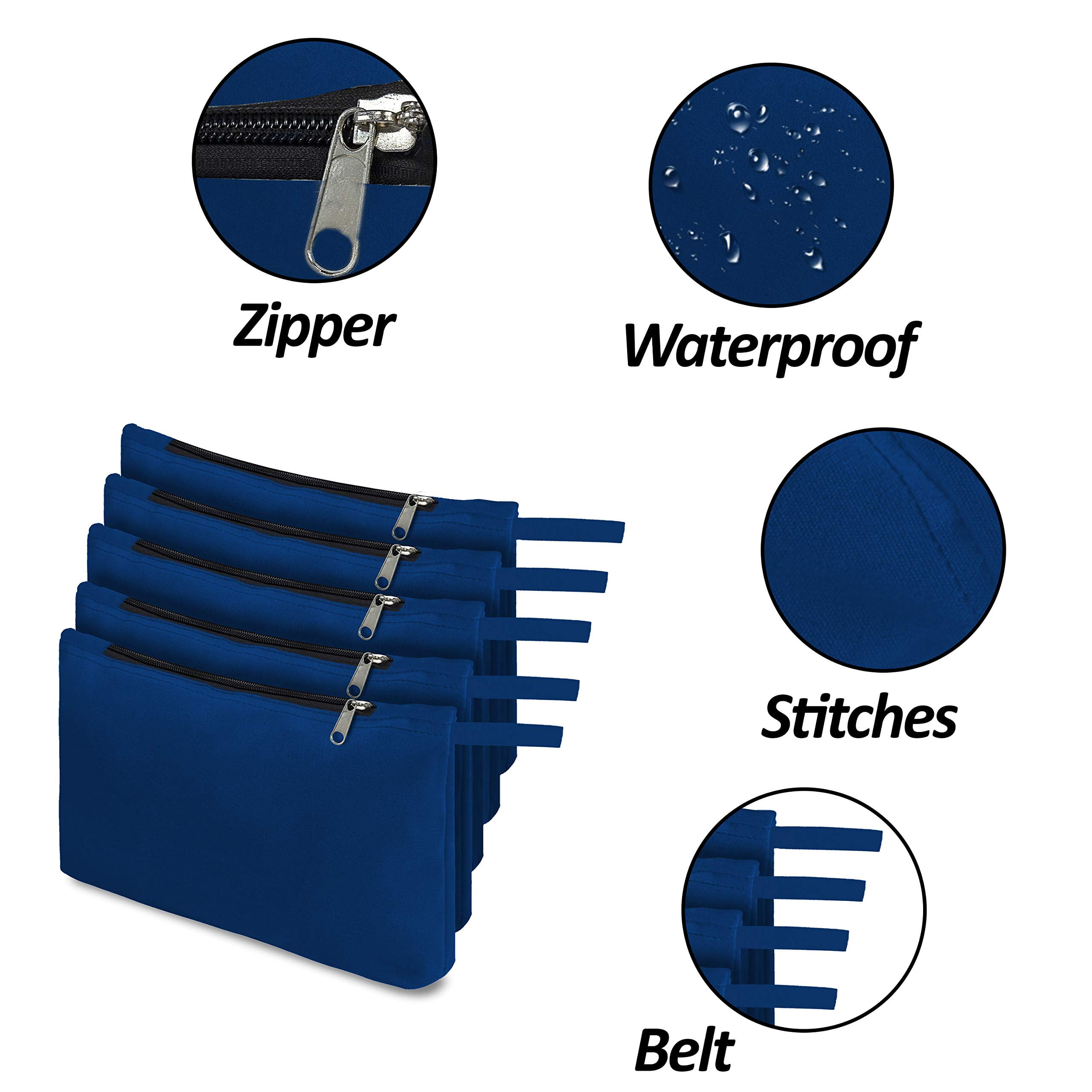 COVERS&ALL Tool Bag, 18 Oz Heavy Duty Waterproof Pouch with Sturdy Zipper, Utility Multipurpose for Tools Storage Makeup (Pack of 5, Blue)