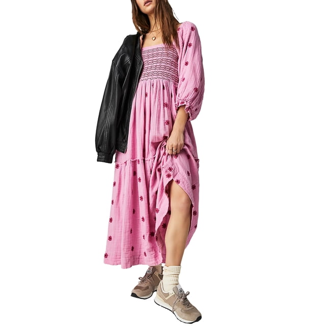 Fortune Women Bohemian Dress Casual Puff Sleeve Embroidered Floral Dresses Boho Flowy Ruffle Midi Dress