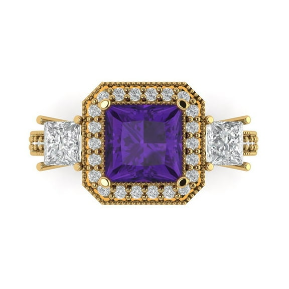 Three-Stone Engagement Ring for Women - 3.005ct Natural Amethyst in 14K Yellow Gold Promise Ring