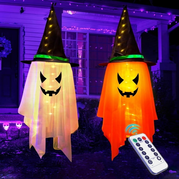 Halloween Decorations Outdoor - 2PCS Large Halloween Hanging Ghost Witch Hat Decor with Lights Remote, 8 Modes Halloween Lights Decorations for Front Porch, Yard Tree, Patio, Garden, Outside, Indoor