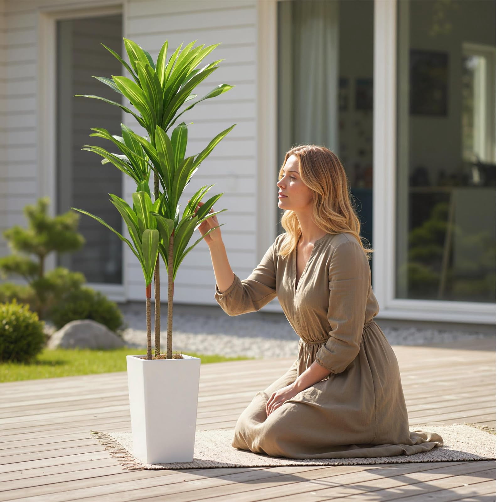 Accreate Faux Banana Tree Artificial Plant, Fake Potted Tropical Evergreen with Tall White Planter for Living Room, Entryway, Porch, or Office