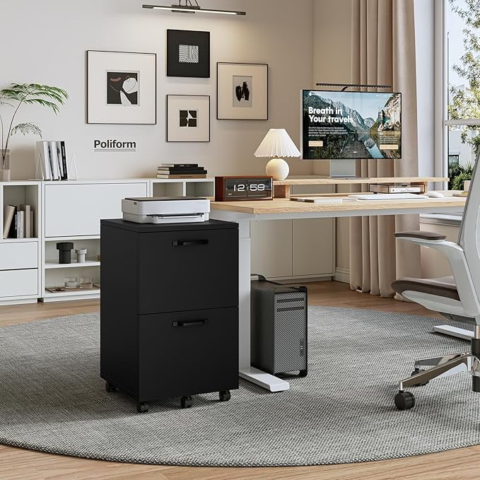 JIOABL 2 Drawer Rolling File Cabinet with Lockable Wheels, Mobile Printer Stand with Storage, Black, 1 Set