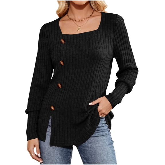 Hurxie Women's Sweaters Fall Lightweight Long Sleeve Square Neck Tunic Tops Black,2XL