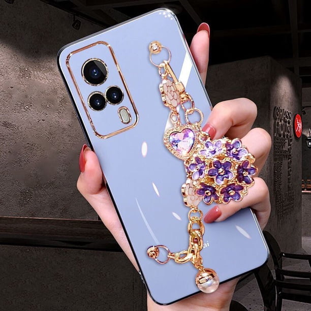Funda de teléfono con purpurina para IPhone, carcasa de lujo con gema de Camelia, pulsera con colgante de flores para IPhone 14 Pro MAX 13 12 mini 11 XS XR X 7 8 Plus Fivean unisex