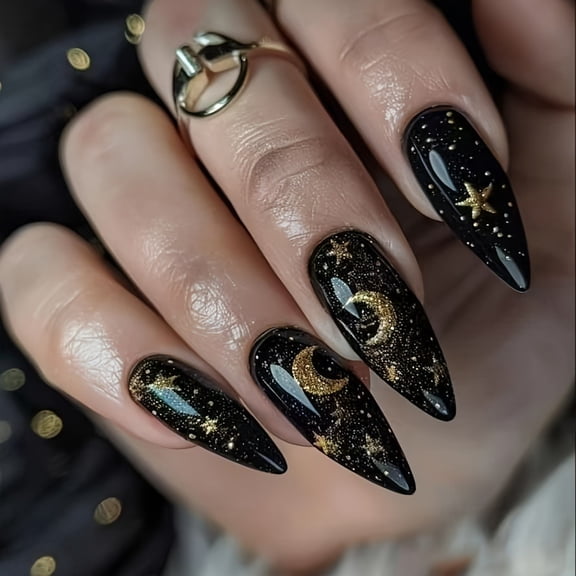 EBCUE Black Press on Nails Almond Fake Nails with Designs Moon Stars Stick on Nail Medium Acrylic False Nail Gold Artificial Nail Glitter Full Cover Glue on Nails for Women 24Pcs