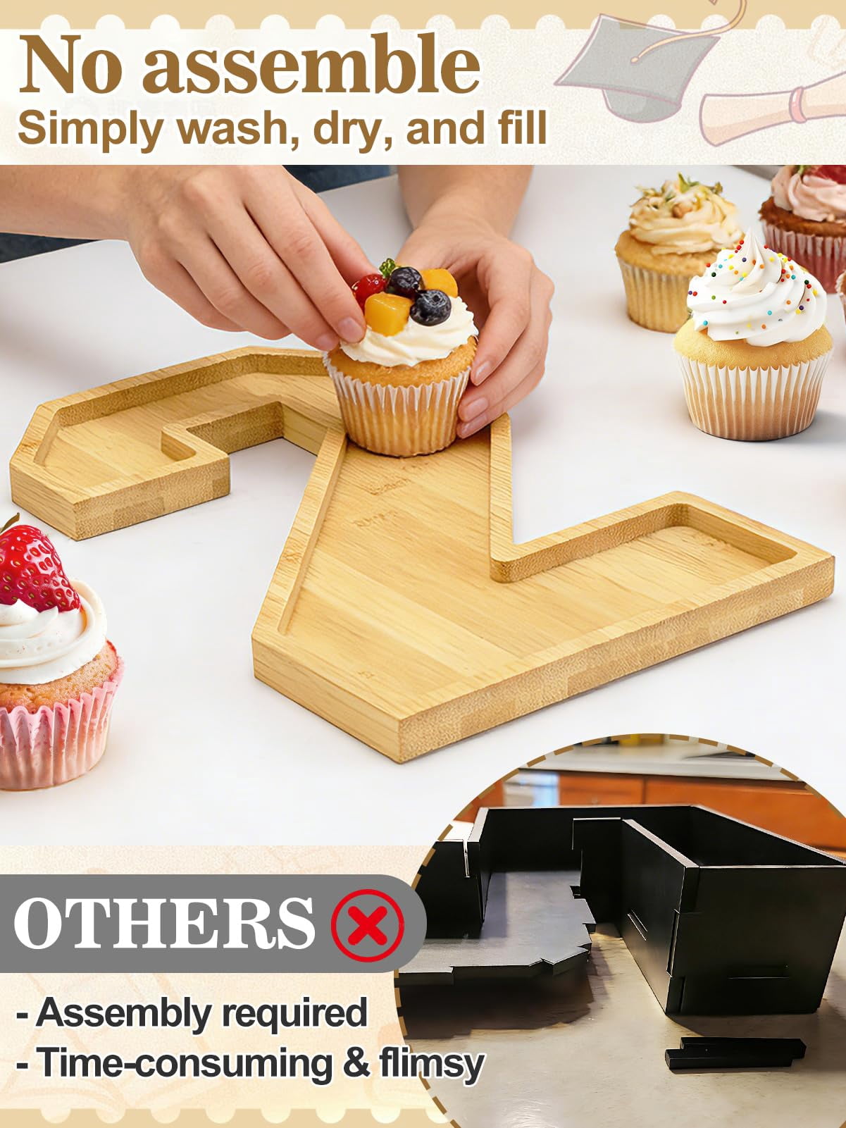 Bamboo 26 Graduation Numbers Charcuterie Fillable Board - Class of 2026 Reusable Food Serving Trays & Graduation Cap Platter, Grad Party Table Decor for Cupcakes, Cookies, Fruits