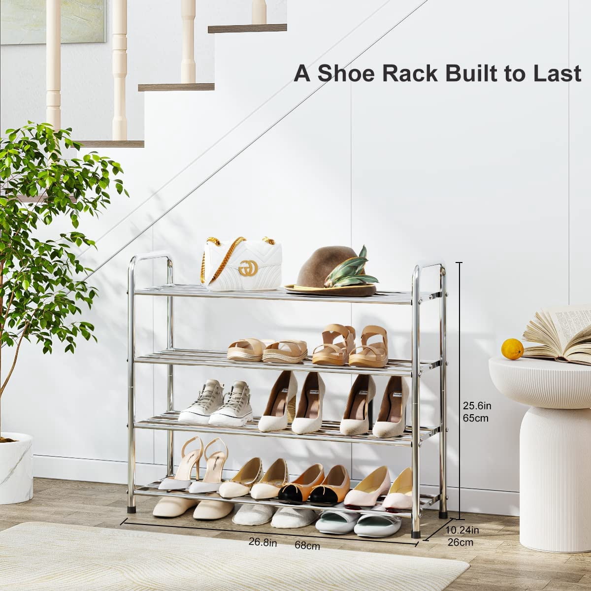 FANHAO 4-Tier Shoe Rack, 100% Stainless Steel Shoe Storage Organizer, up to 12 Pairs for Entryway
